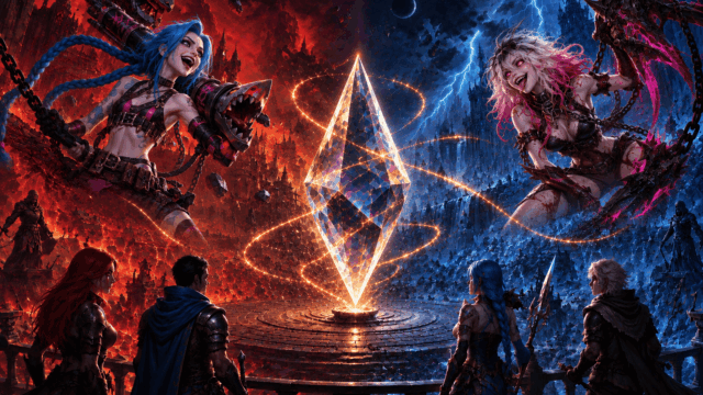 Jinx and Briar – The Dance in Sparkland Jinx and Briar face each other in Sparkland, with the glowing Spark between two opposing worlds.