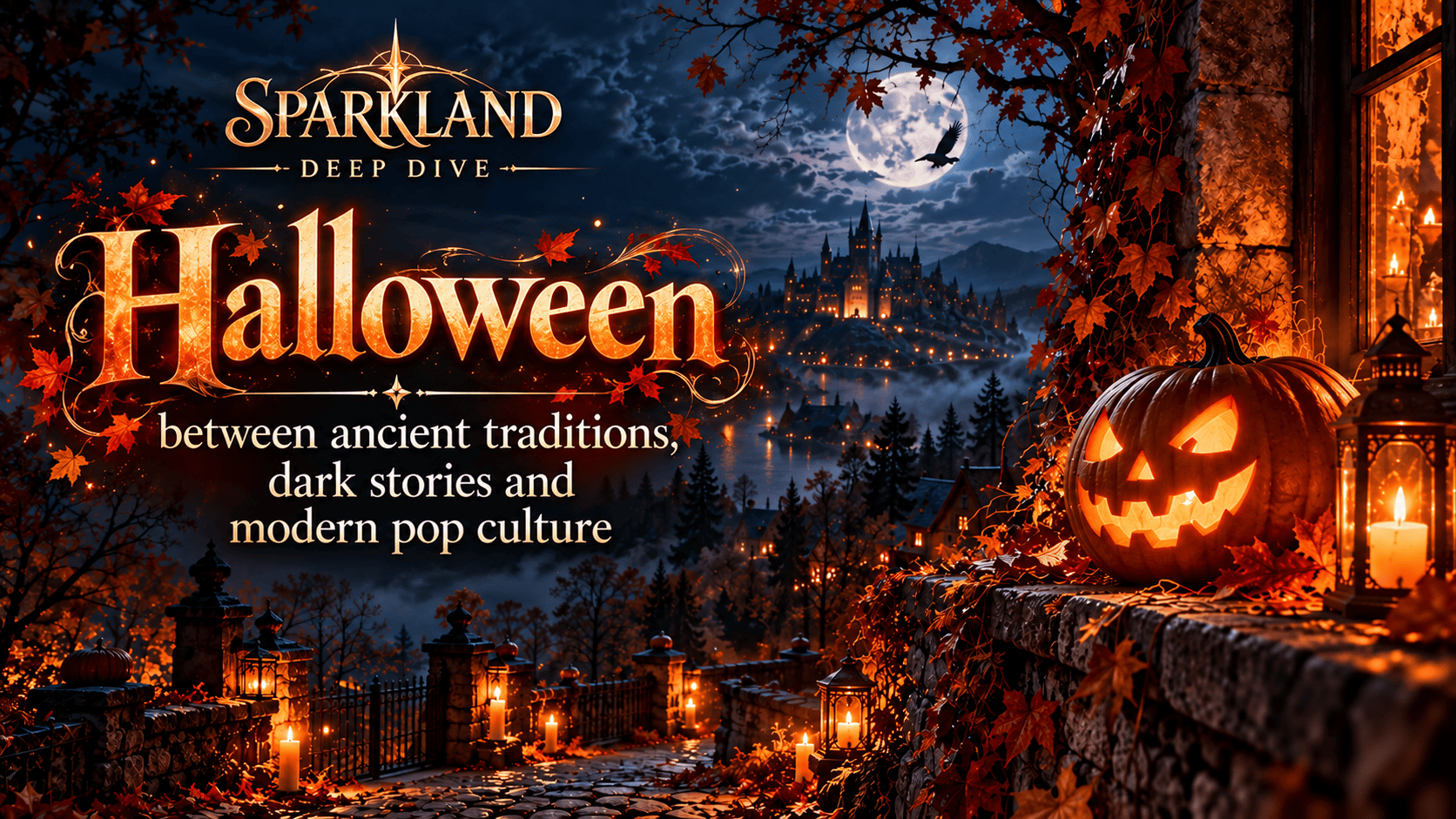 A glowing jack-o’-lantern and candlelit lanterns illuminate a stone path beneath autumn leaves, with a moonlit gothic castle in the distance.