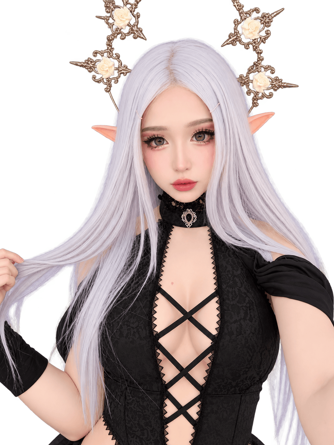Silver-haired elf cosplayer with pointed ears, ornate gold rose headpieces, a black gothic lace outfit, and one hand holding her flowing hair.